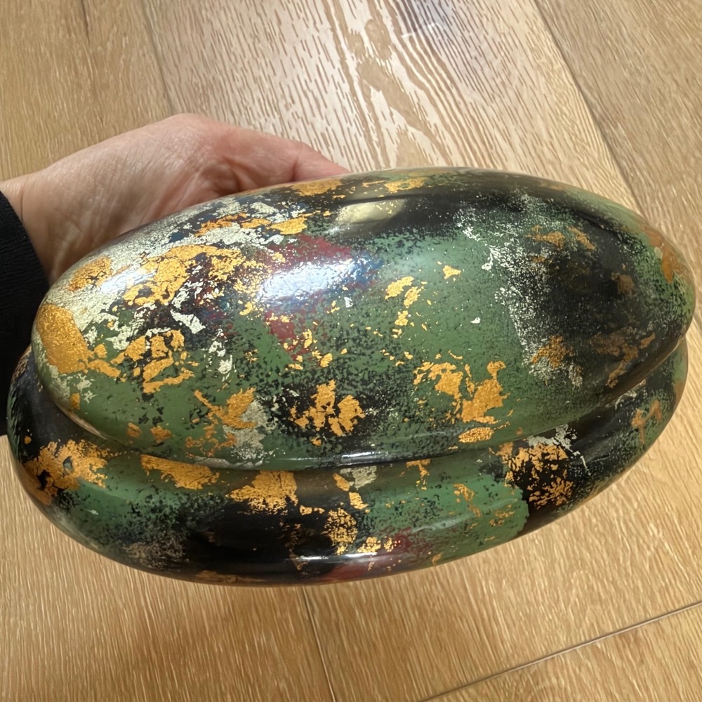 Montgomery Ward Vintage Ceramic Trinket Box Green Gold Silver Abstract Oval Lid